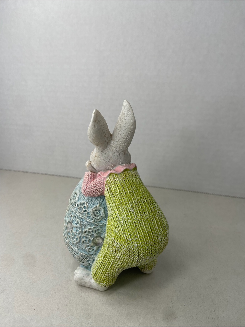 Easter Bunny Figurine Pastel Blue Lace Knit Egg Rhinestone Gem Resin Decor - Picture 3 of 7